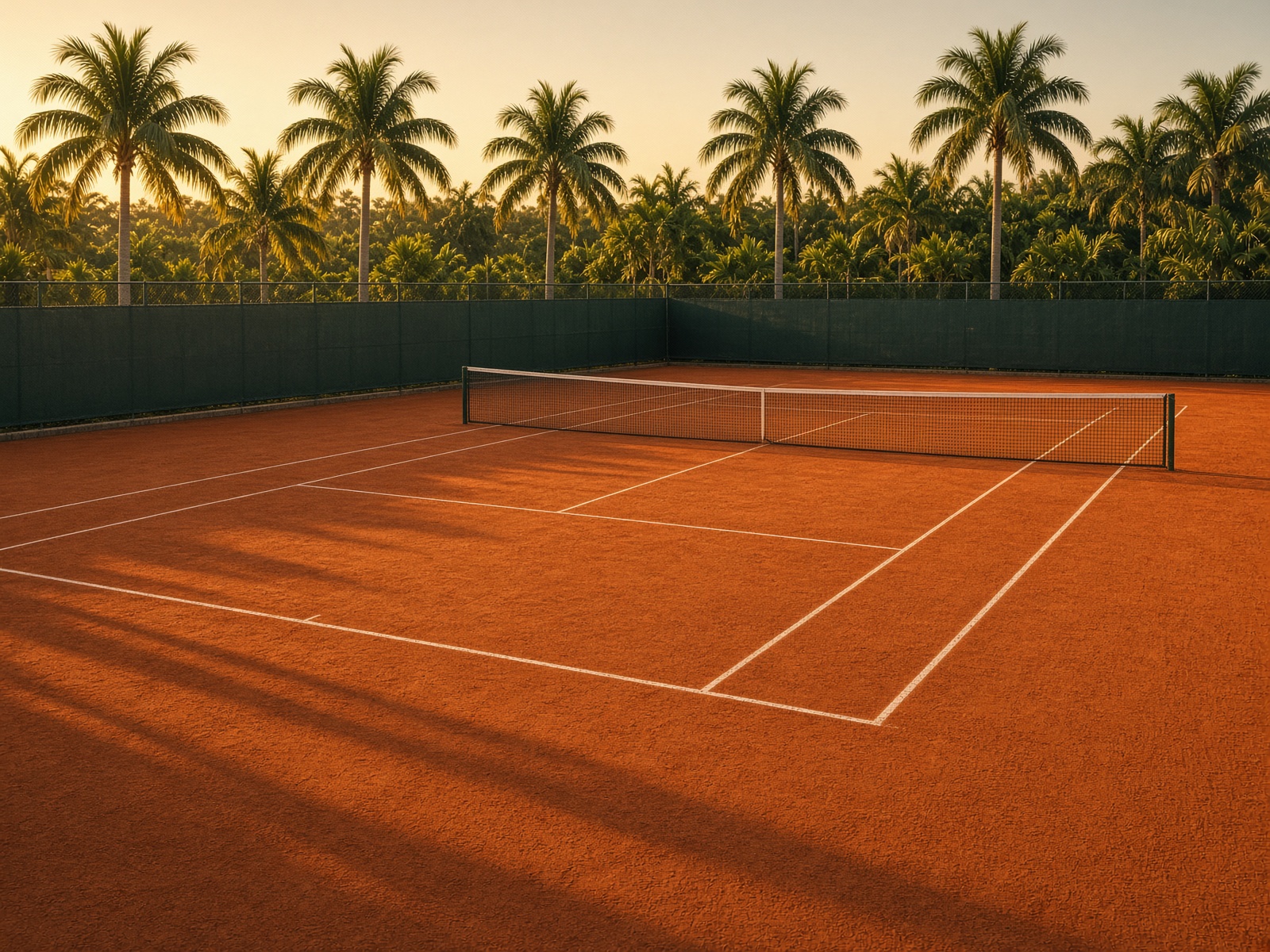 Empty red clay court in late Florida afternoon light