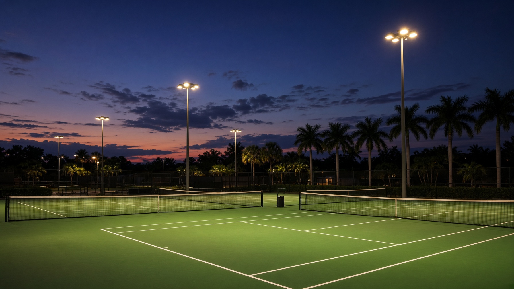 Tennis courts under floodlights at dusk