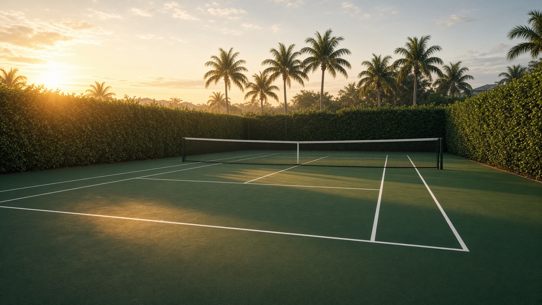 Empty professional tennis court at golden hour