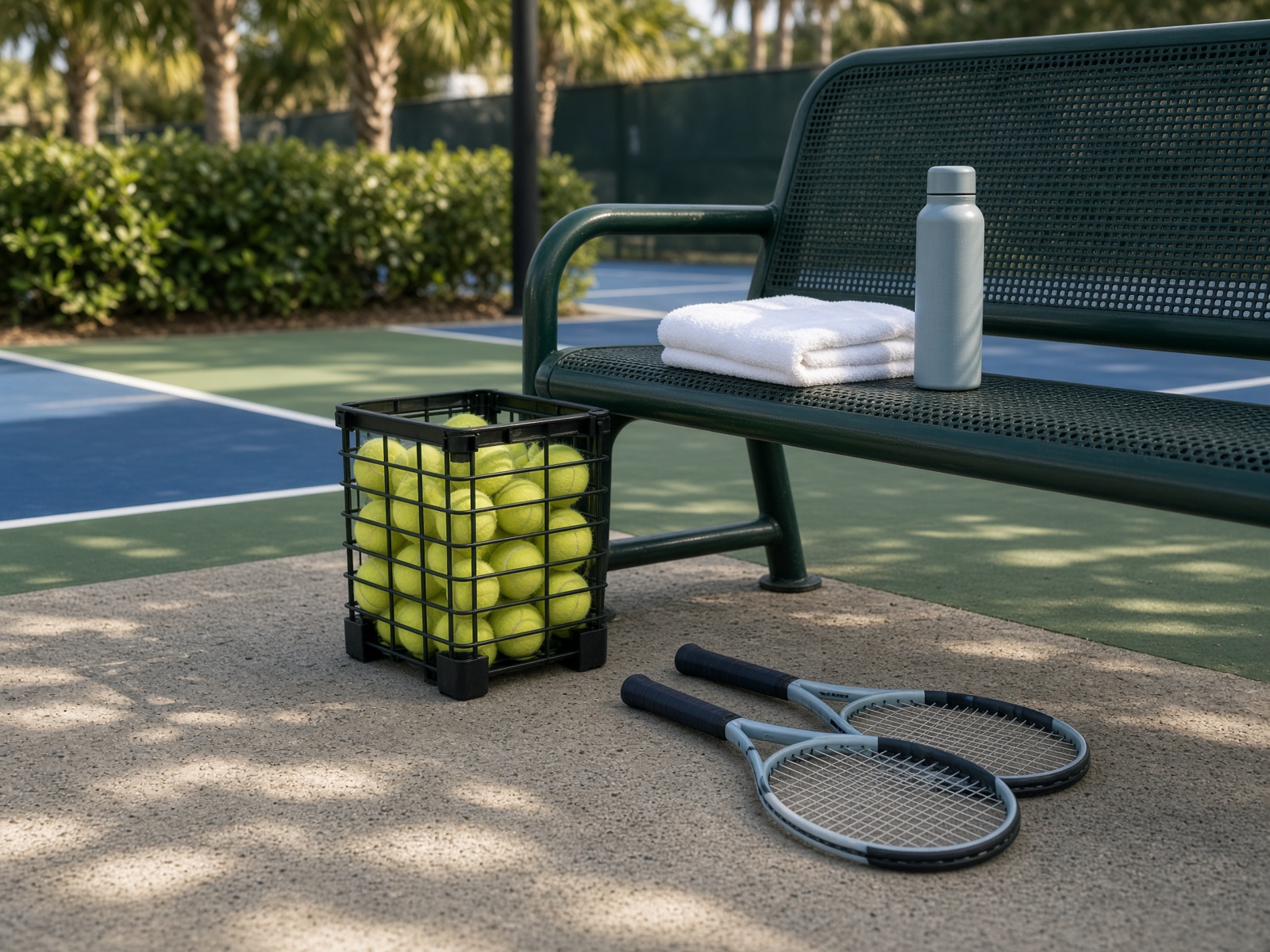Junior racquets and a ball hopper beside a court bench