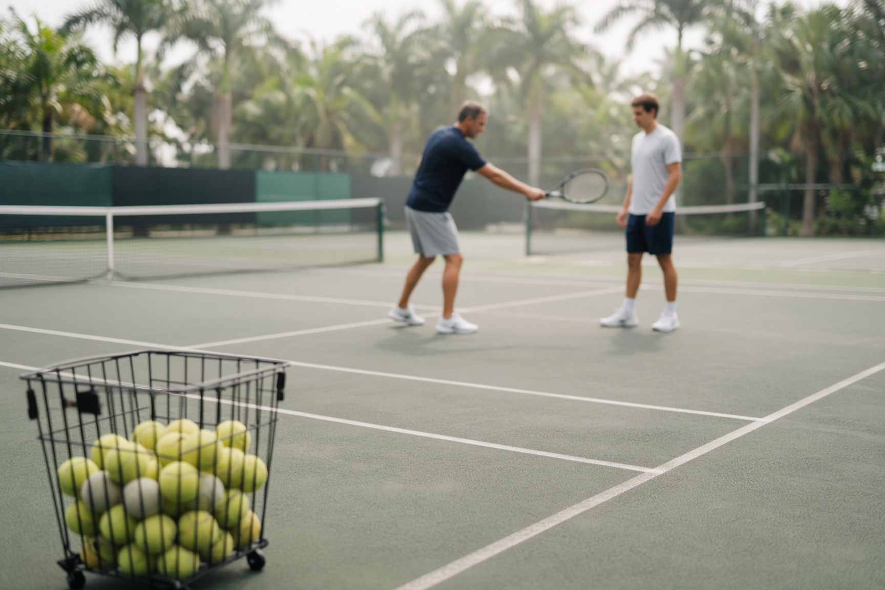 Coach working a private lesson on a sunlit hard court