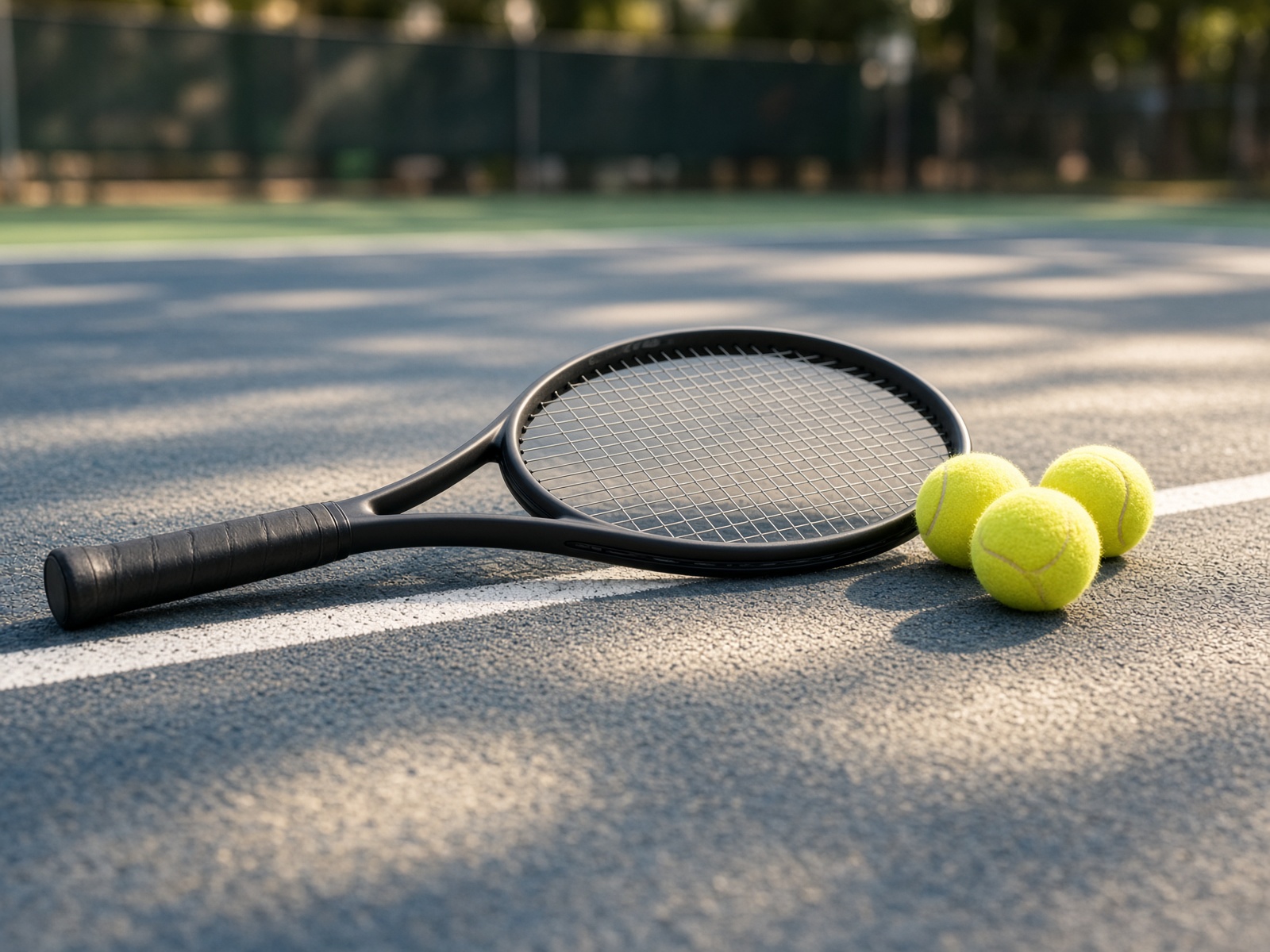 Tennis racquet and balls resting on a sunlit baseline